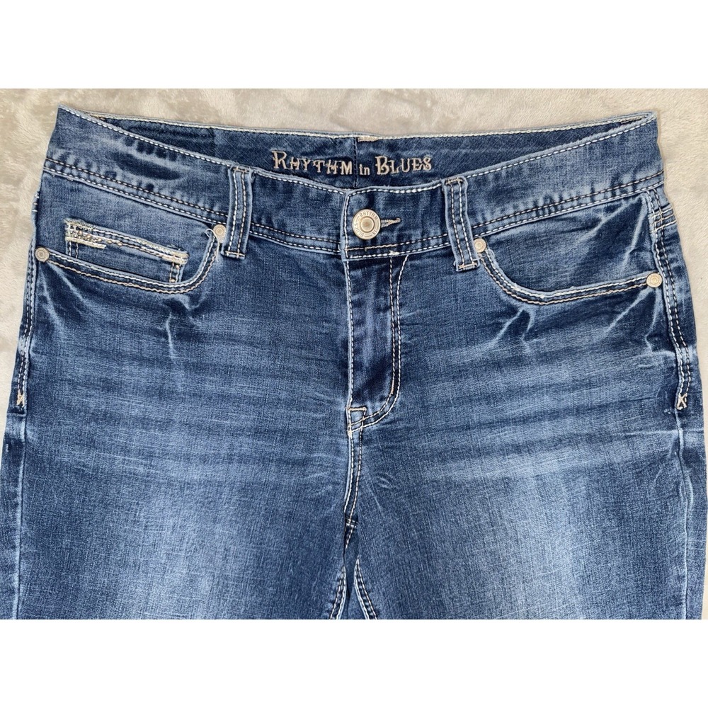 Rhythm‎ In Blues Cutoff Capri Jeans Sz 10 Mid Rise Stretch Med Wash Thick Stitch - Picture 2 of 16